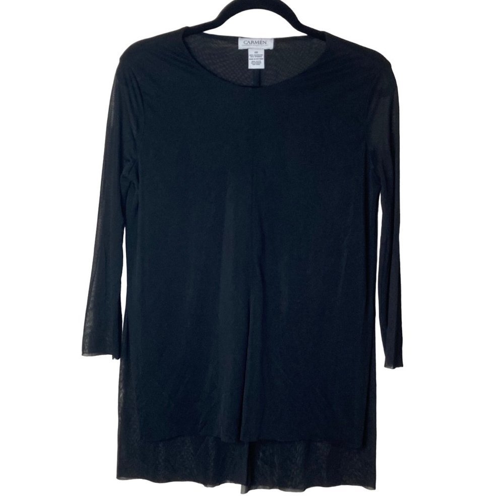 Vintage Carmen Marc Valvo Women Sz XS Black Sheer Layered Slits Stretch Blouse